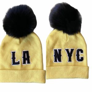NYC or LA Reversible Beanie with real Fur Pom Winter Hat